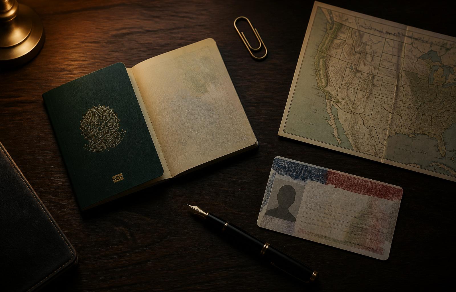 Passaporte brasileiro, documentos e mapa dos Estados Unidos sobre mesa de madeira