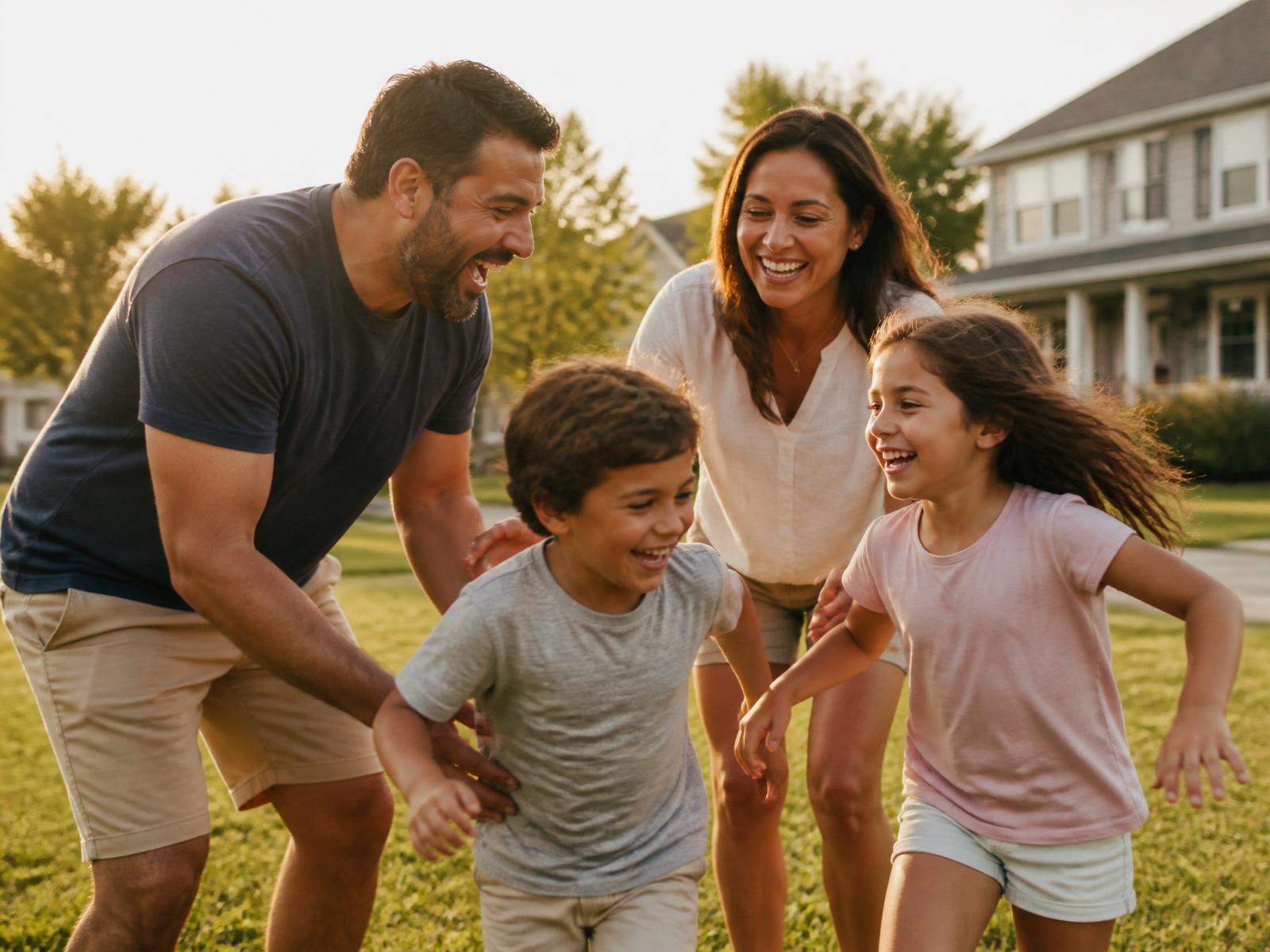 Família brasileira com filhos em ambiente escolar americano, futuro e pertencimento